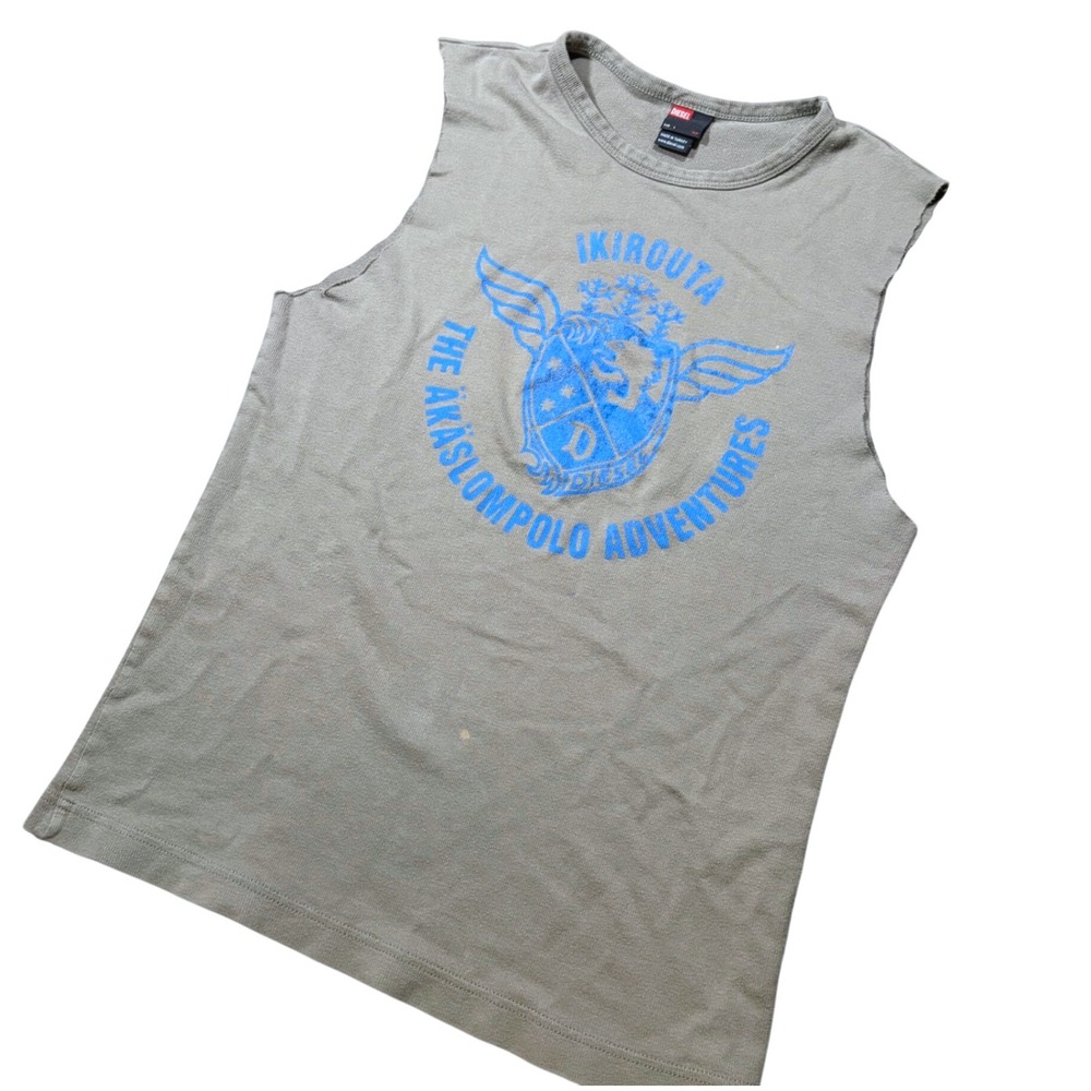 Diesel Mens Sleeveless Muscle Tee Olive Green Graphic Crest Tank Top Large